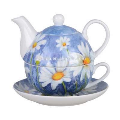 European Cheaper style White Teapot Cup and Saucer Set Tea for One with 3-piece with full decal