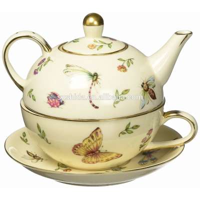 European Cheaper style High quality ceramic tea pot and cup set with saucer with gold design