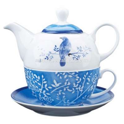 European Style Wholesale pretty ceramic tea cup pot in one set/one person tea set with full decal